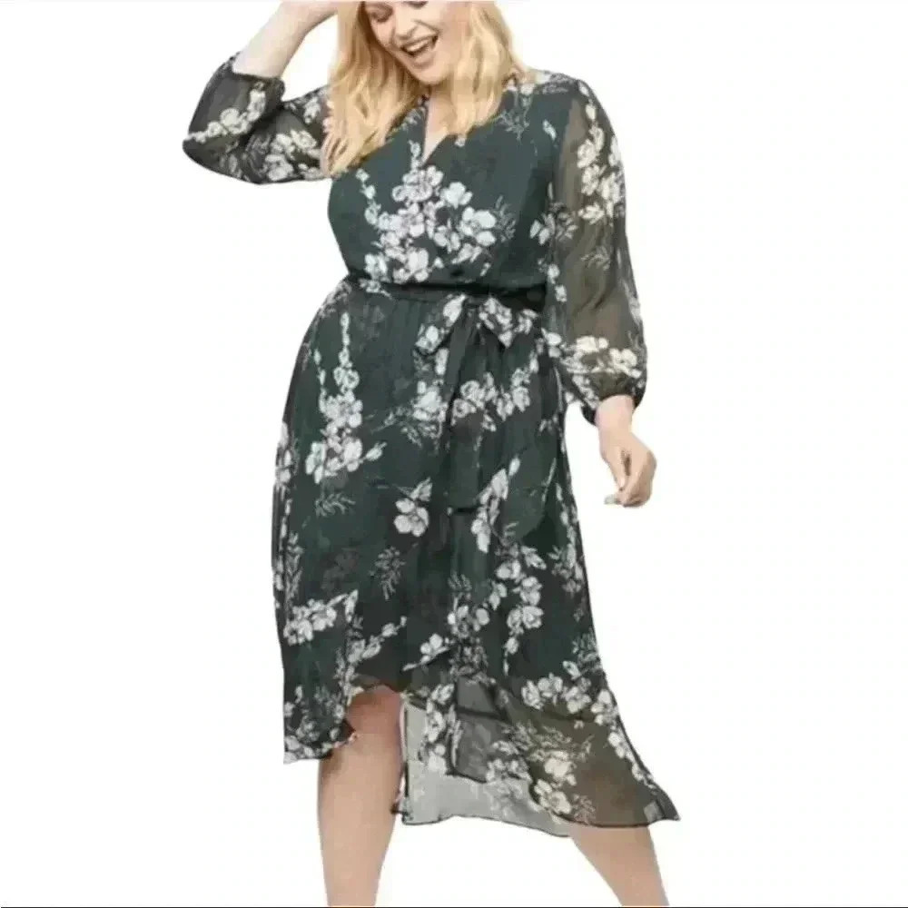 Lane Bryant Floral Print Faux Wrap Midi Dress Green/White Chiffon Plus Sz 28